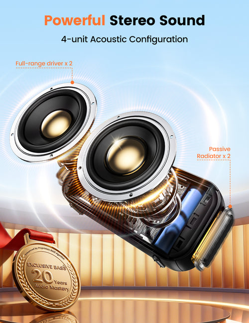 DBsono Bluetooth Speaker Stereo 20W Loud Sound: 30H Playtime, IPX5 Water Resistant, Portable Wireless Speakers, Powerful Bass, Lightshow, Birthday Gifts for Men/Adults/Teens, Beach Vacation Essentials, Black