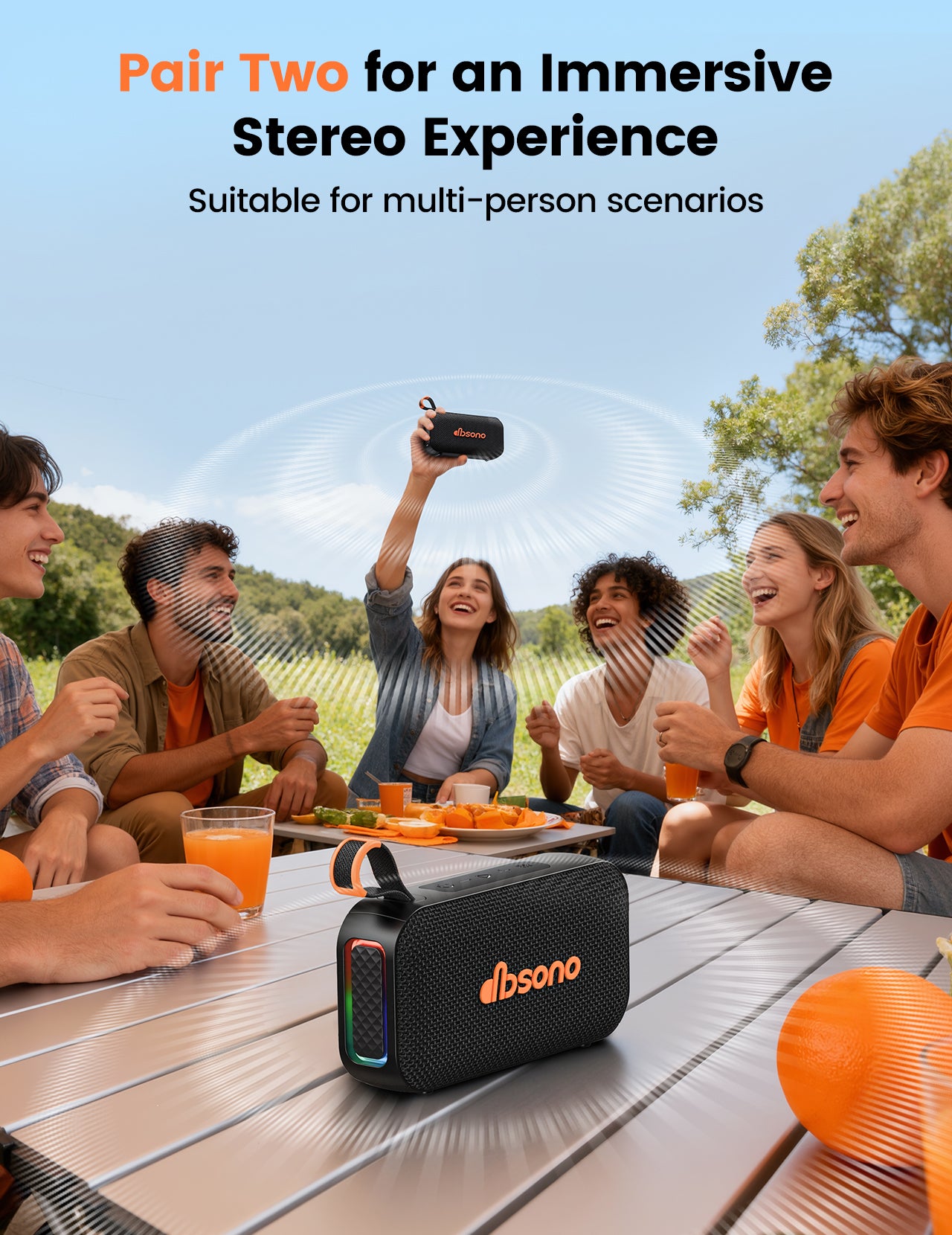 DBsono Bluetooth Speaker Stereo 20W Loud Sound: 30H Playtime, IPX5 Water Resistant, Portable Wireless Speakers, Powerful Bass, Lightshow, Birthday Gifts for Men/Adults/Teens, Beach Vacation Essentials, Black