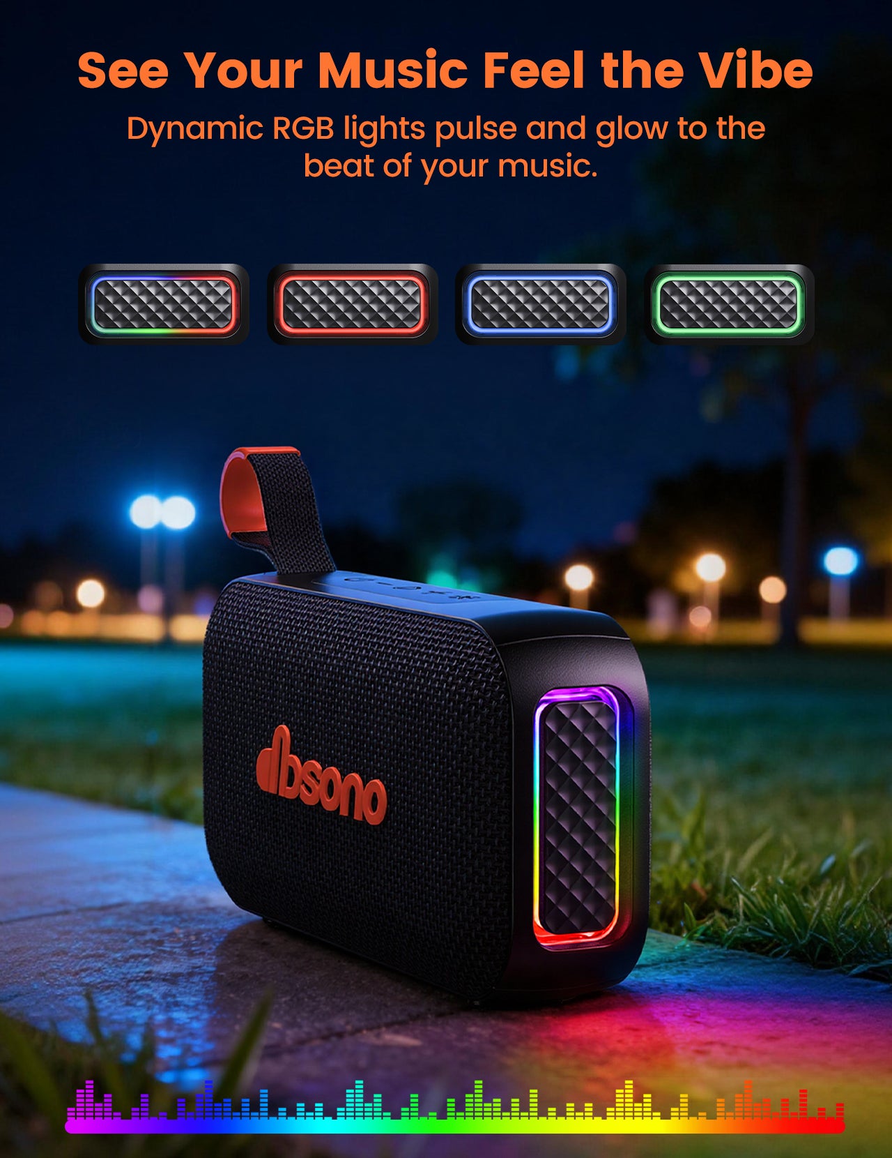 DBsono Bluetooth Speaker Stereo 20W Loud Sound: 30H Playtime, IPX5 Water Resistant, Portable Wireless Speakers, Powerful Bass, Lightshow, Birthday Gifts for Men/Adults/Teens, Beach Vacation Essentials, Black