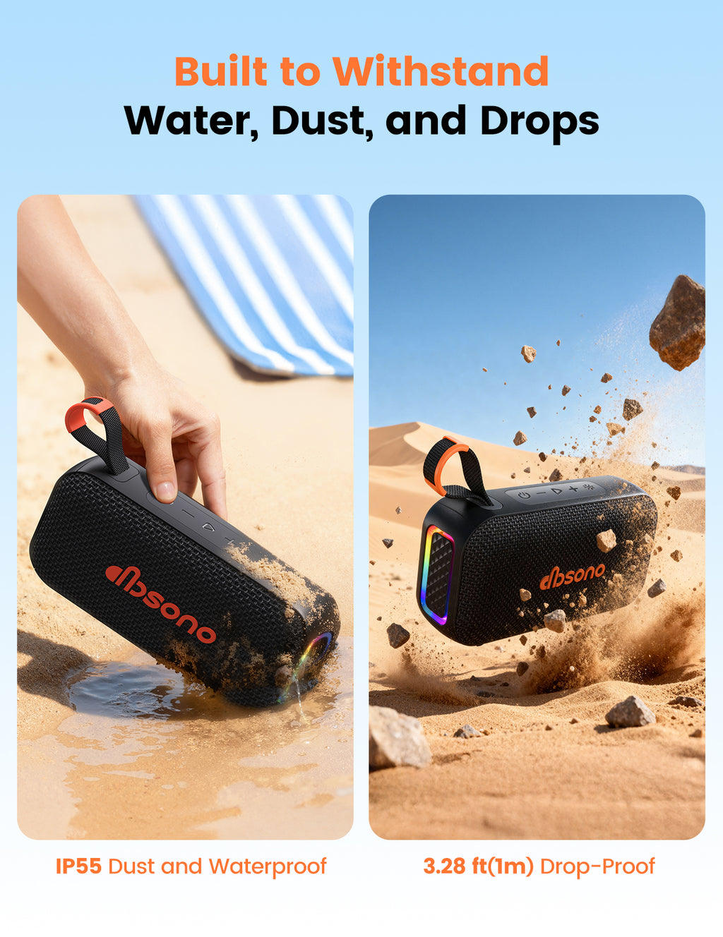 DBsono Bluetooth Speaker Stereo 20W Loud Sound: 30H Playtime, IPX5 Water Resistant, Portable Wireless Speakers, Powerful Bass, Lightshow, Birthday Gifts for Men/Adults/Teens, Beach Vacation Essentials, Black