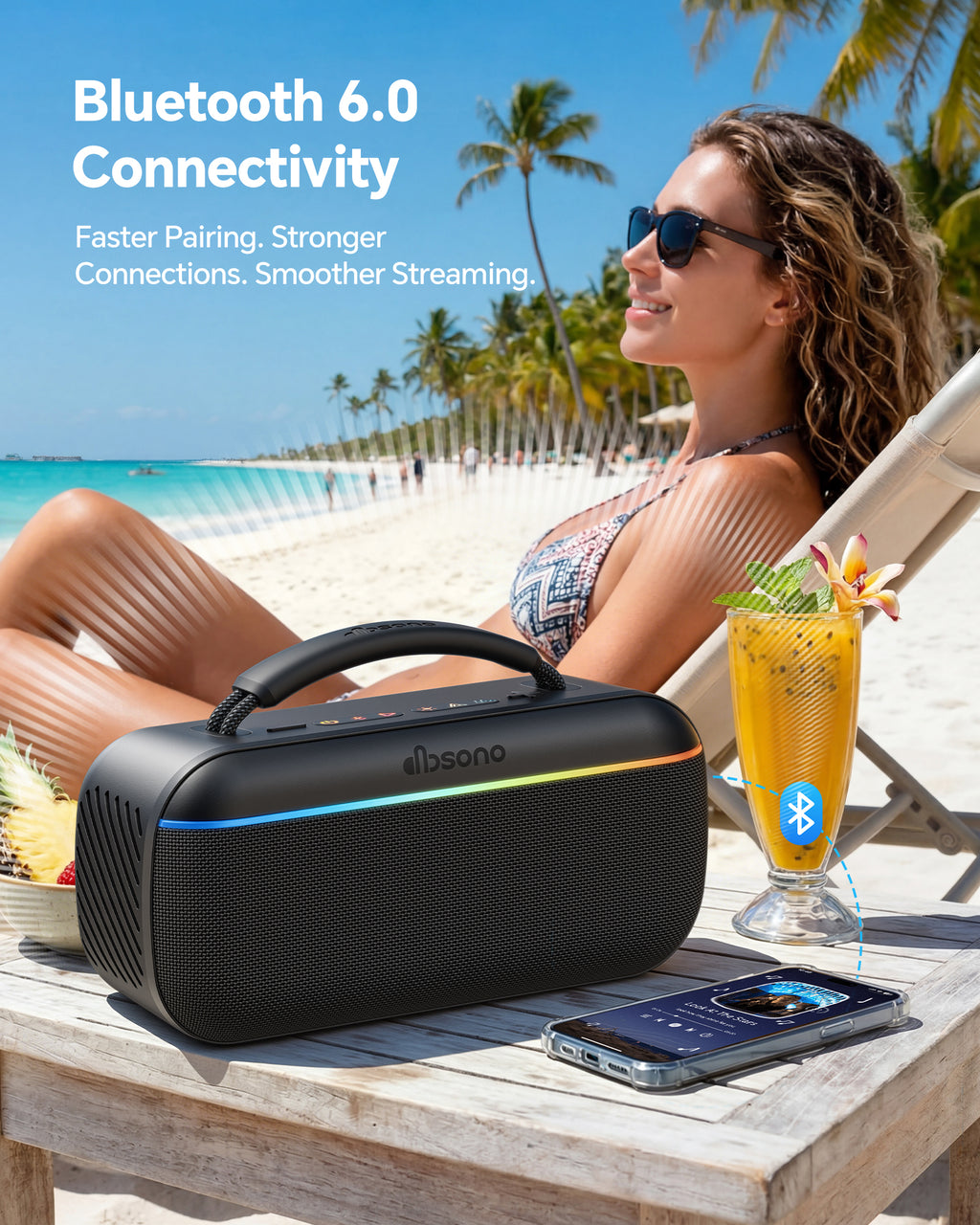 dbsono Portable Bluetooth Speaker Wireless: 100W(Peak) SoundPulse 2.0 with BassBoost, Waterproof Loud Party Speakers, Unlimited Pairing, TWS for Outdoor/Indoor, Beach Vacation Essential, Black
