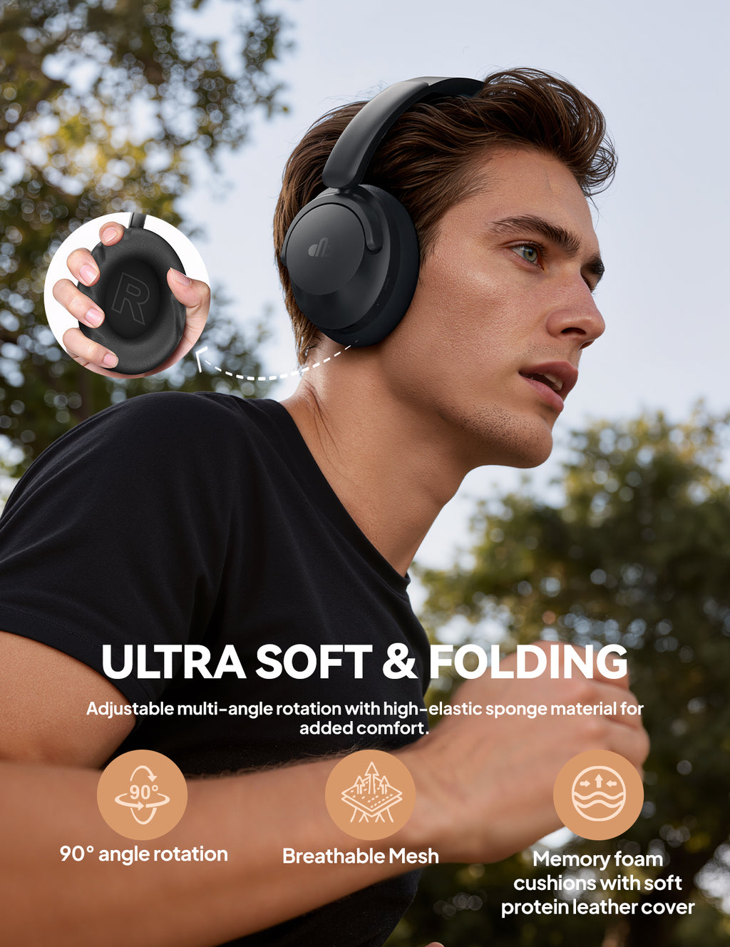 DBsono Hybrid Active Noise Cancelling Headphones, Over-Ear Bluetooth Headphone, 60H Playtime, Deep Bass, Transparency Mode, Comfort Fit Ear Cups, White Elephant Gifts for Adults, Travel Office Home - Black