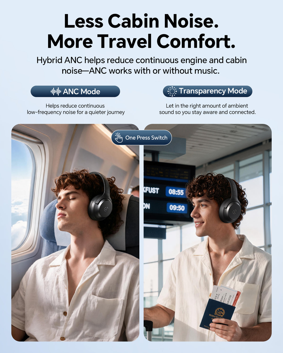Hybrid Active Noise Cancelling Headphones:Wireless Bluetooth Over Ear Black Memory Foam Comfort,120H Playtime,Multipoint Connection,Transparency Mode,Clear Calls,Work Travel Commute & Focus