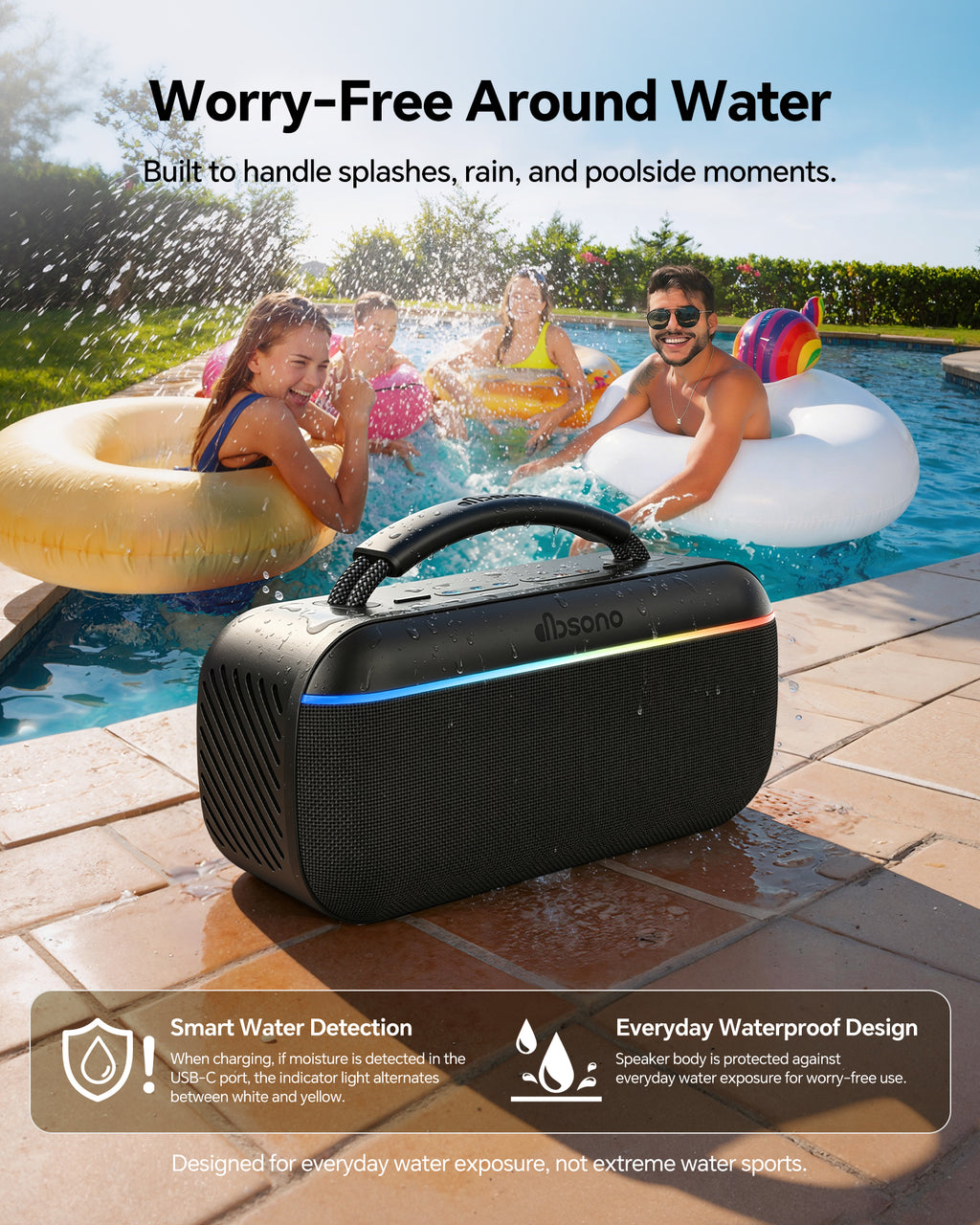 dbsono Portable Bluetooth Speaker Wireless: 100W(Peak) SoundPulse 2.0 with BassBoost, Waterproof Loud Party Speakers, Unlimited Pairing, TWS for Outdoor/Indoor, Beach Vacation Essential, Black