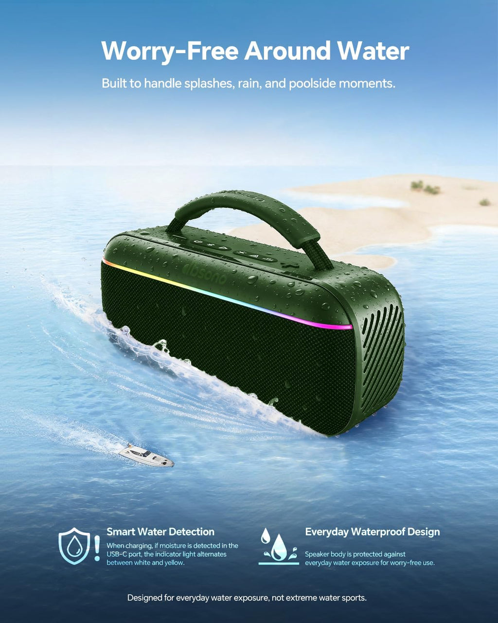 dbsono Portable Bluetooth Speaker Wireless: 60W SoundPulse 2.0 with BassBoost, Loud Party Speakers, Unlimited Pairing, TWS for Outdoor & Indoor, Beach Vacation Essential, Green