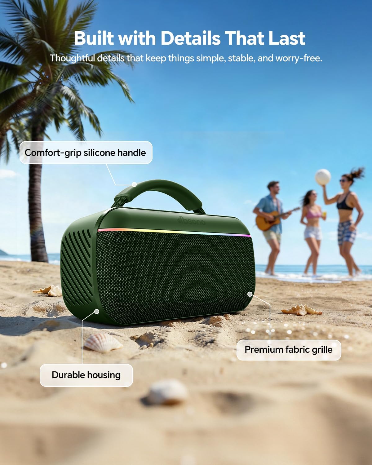dbsono Portable Bluetooth Speaker Wireless: 60W SoundPulse 2.0 with BassBoost, Loud Party Speakers, Unlimited Pairing, TWS for Outdoor & Indoor, Beach Vacation Essential, Green