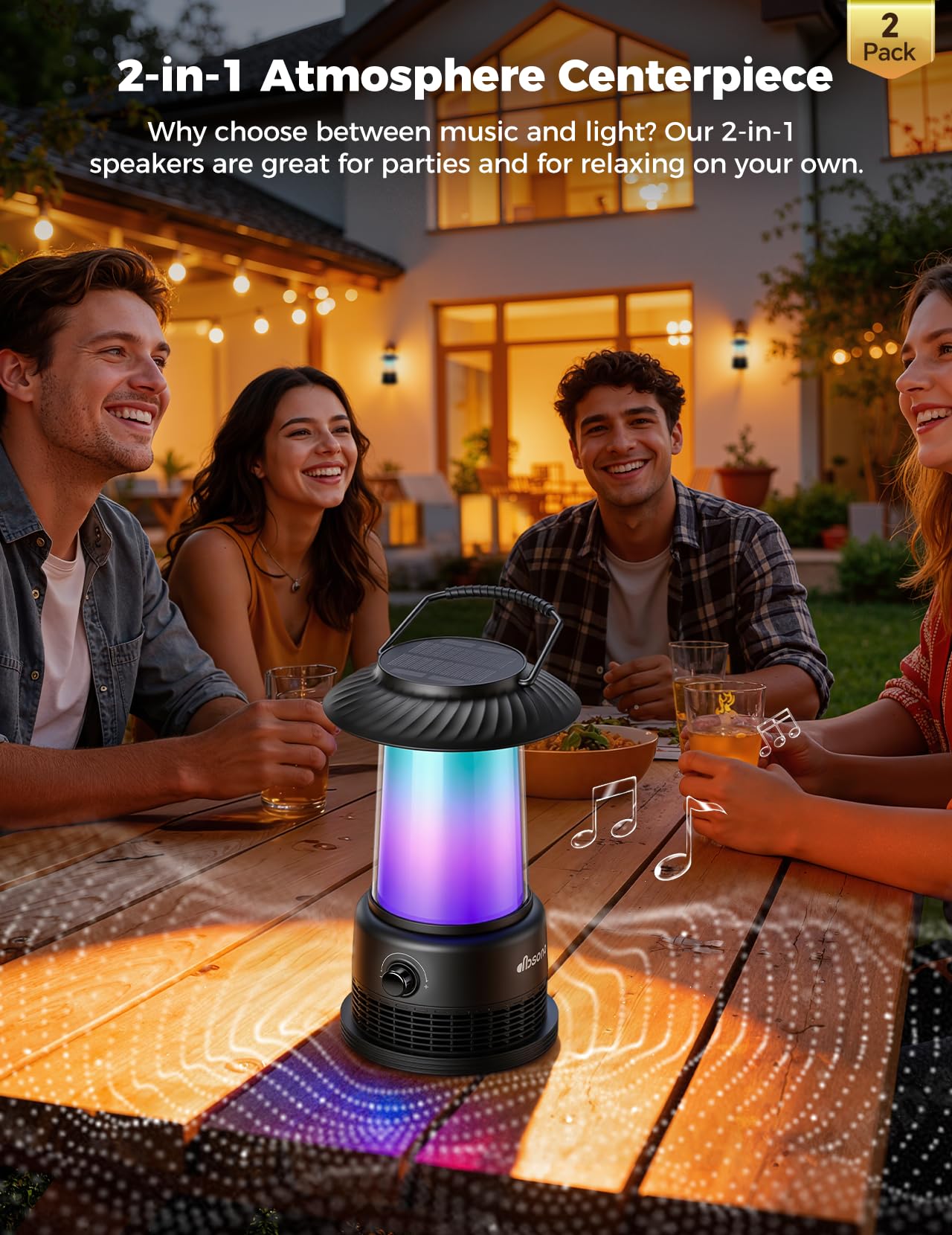Outdoor Speakers Waterproof IPX7, 2-Pack Patio Lanterns with LED Lights, 30W Stereo Sound, Solar-Assisted Charging, 100-Speaker Wireless Multi-Sync, Bluetooth 5.4, Home Decor for Pool, Yard & Garden