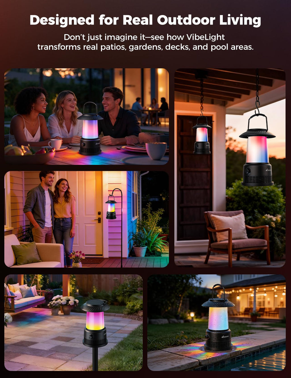 Outdoor Speakers Waterproof IPX7, 2-Pack Patio Lanterns with LED Lights, 30W Stereo Sound, Solar-Assisted Charging, 100-Speaker Wireless Multi-Sync, Bluetooth 5.4, Home Decor for Pool, Yard & Garden