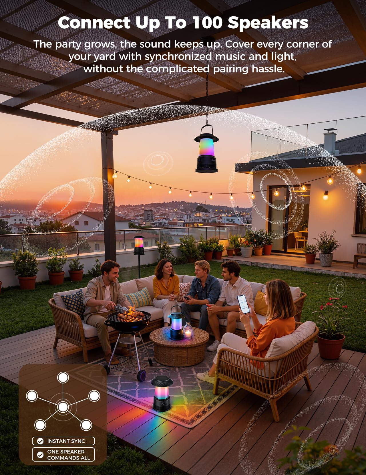 Outdoor Speakers Waterproof IPX7, 2-Pack Patio Lanterns with LED Lights, 30W Stereo Sound, Solar-Assisted Charging, 100-Speaker Wireless Multi-Sync, Bluetooth 5.4, Home Decor for Pool, Yard & Garden