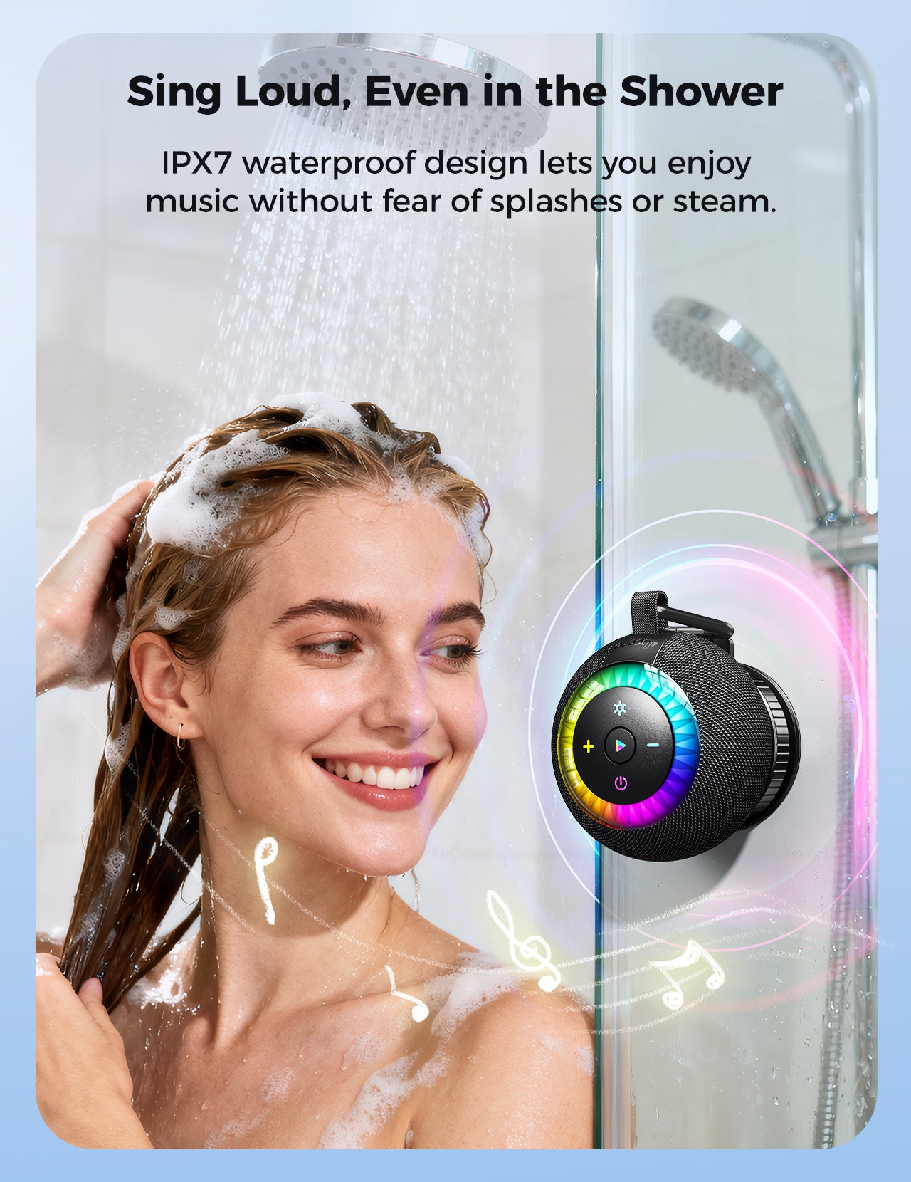 Shower Speaker Bluetooth Waterproof Portable: 360° Surround Sound, IPX7 Suction Cup Removable with Vacuum Exhaust Knob, RGB Lights, Beach/Pool/Camping/Kayak Essentials, Gifts for Mom Teens-Black
