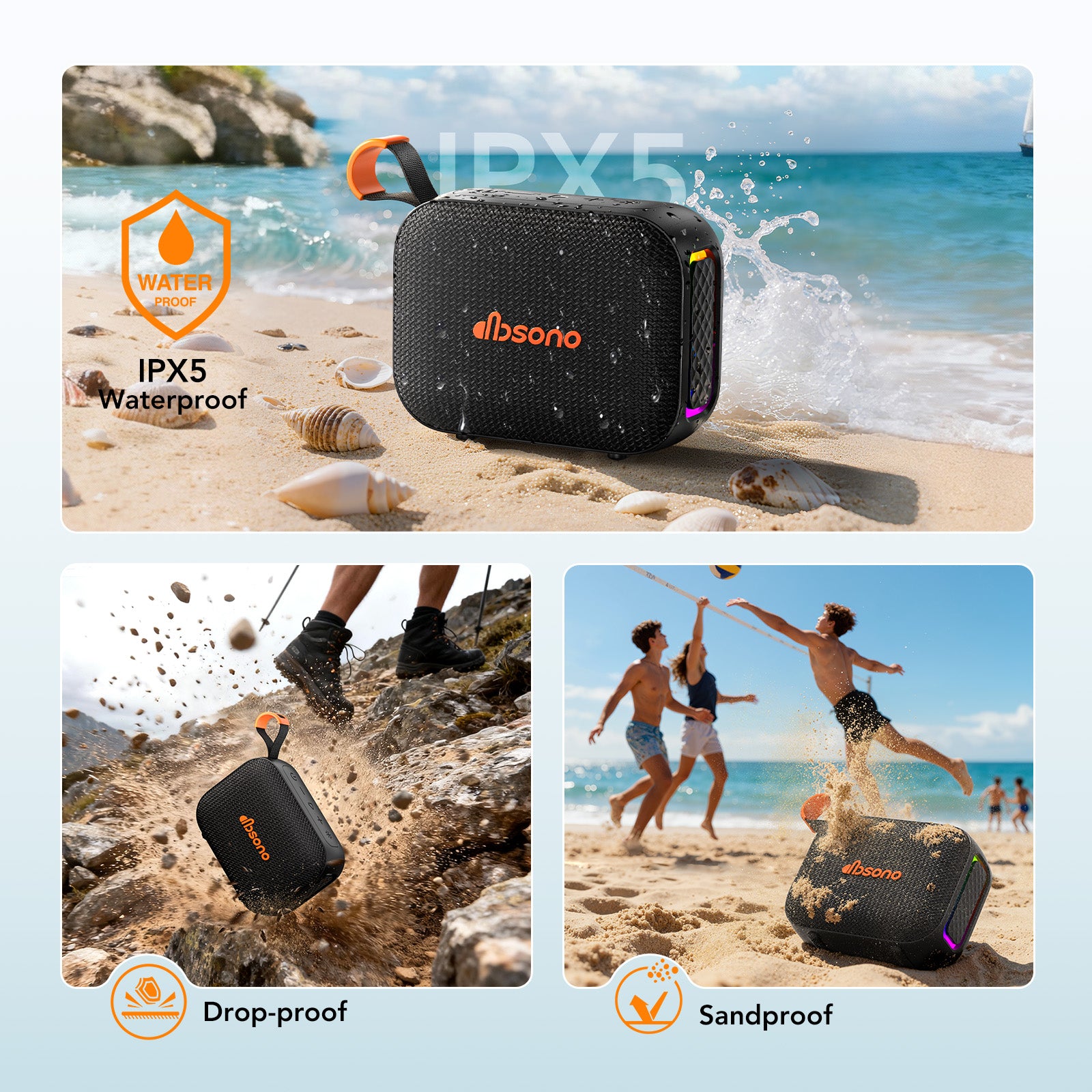 Portable Bluetooth Speaker Waterproof Gift: IPX5 HD Sound Up to 24H Playtime, TWS Pairing, Wireless Speakers with Lights, Travel Beach Essentials Birthday Gifts for Men Women Boys Girls-Black