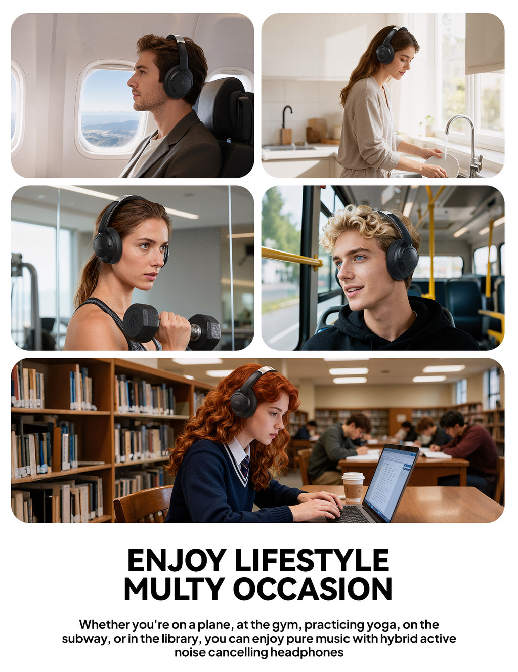DBsono Hybrid Active Noise Cancelling Headphones, Over-Ear Bluetooth Headphone, 60H Playtime, Deep Bass, Transparency Mode, Comfort Fit Ear Cups, White Elephant Gifts for Adults, Travel Office Home - Black