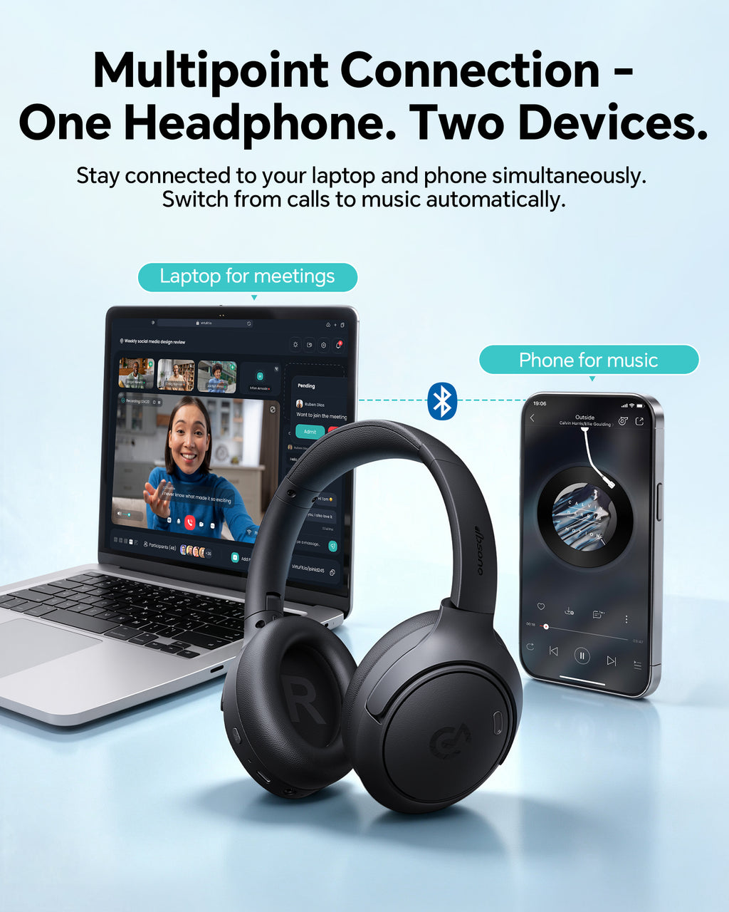dbsono Hybrid Active Noise Cancelling Headphones:Over-Ear Headphone Black Lightweight Comfort,120H Playtime,Bluetooth,Multipoint Connection,Transparency Mode,Clear Calls,Work Travel Commute & Focus
