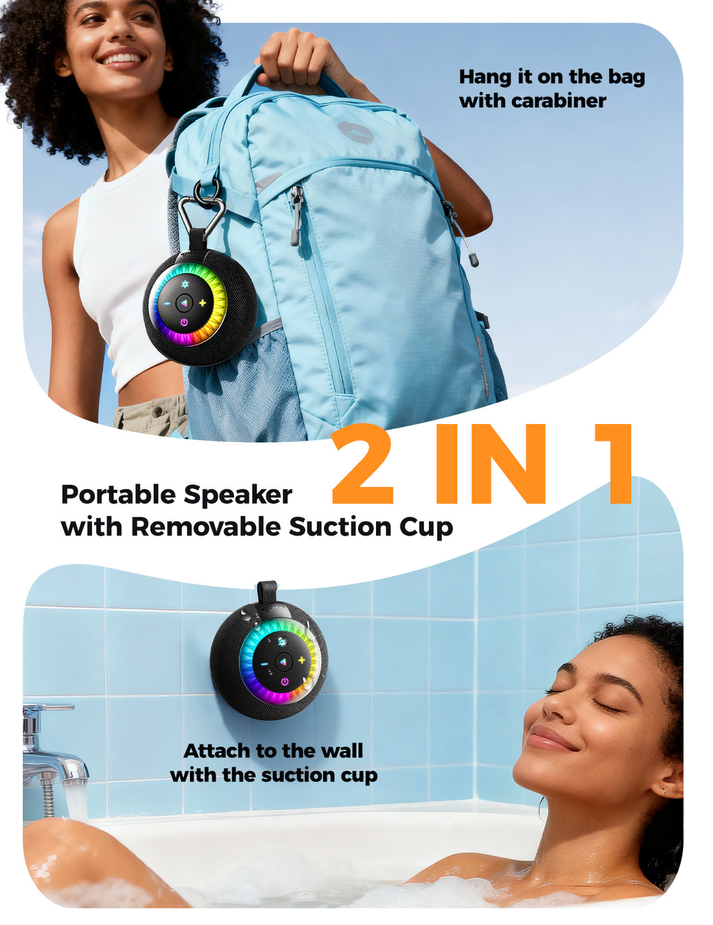 Shower Speaker Bluetooth Waterproof Portable: 360° Surround Sound, IPX7 Suction Cup Removable with Vacuum Exhaust Knob, RGB Lights, Beach/Pool/Camping/Kayak Essentials, Gifts for Mom Teens-Black